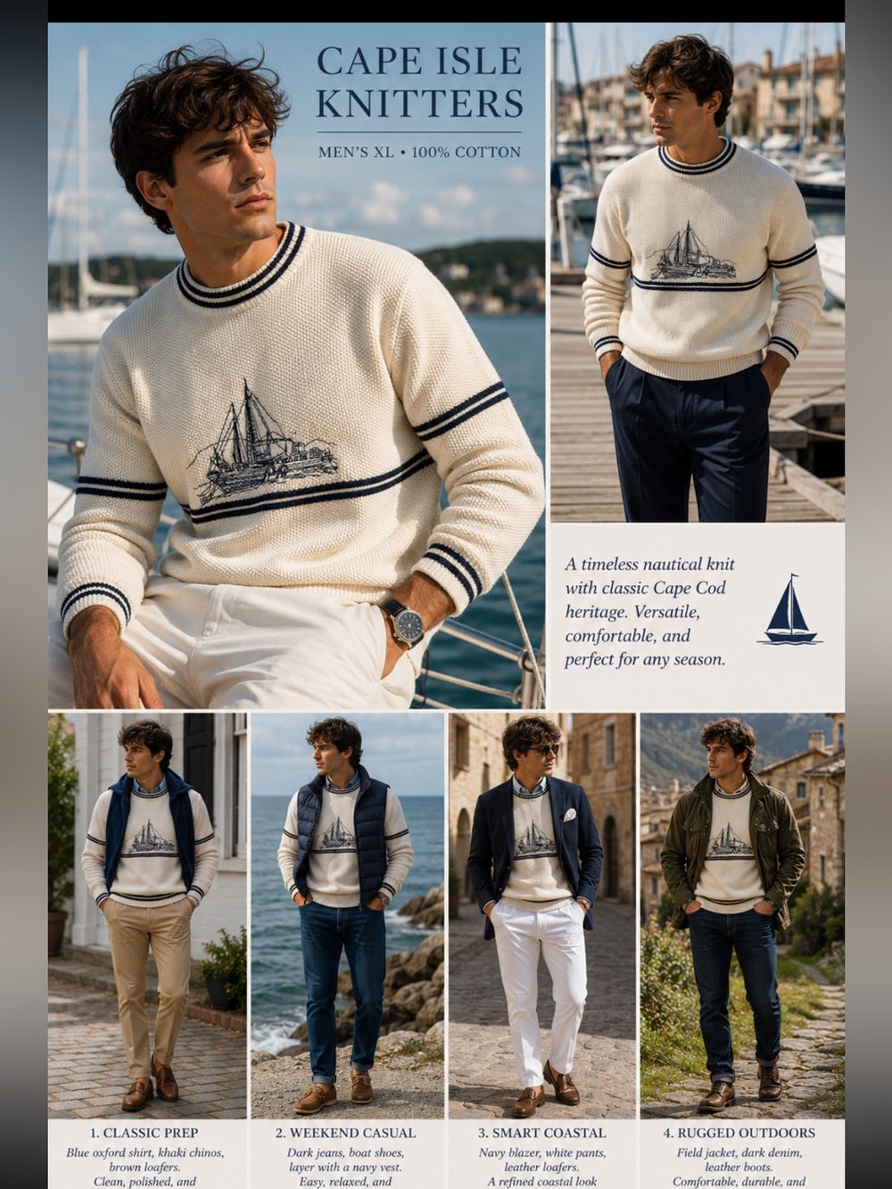 Men's Cream Nautical Knit Sweater with Navy Trim